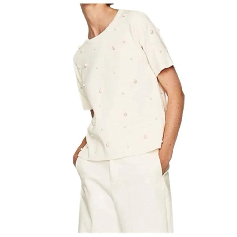 Zara Basic Knit Faux Pearls Sweater in Off White Size S - Picture 2 of 7